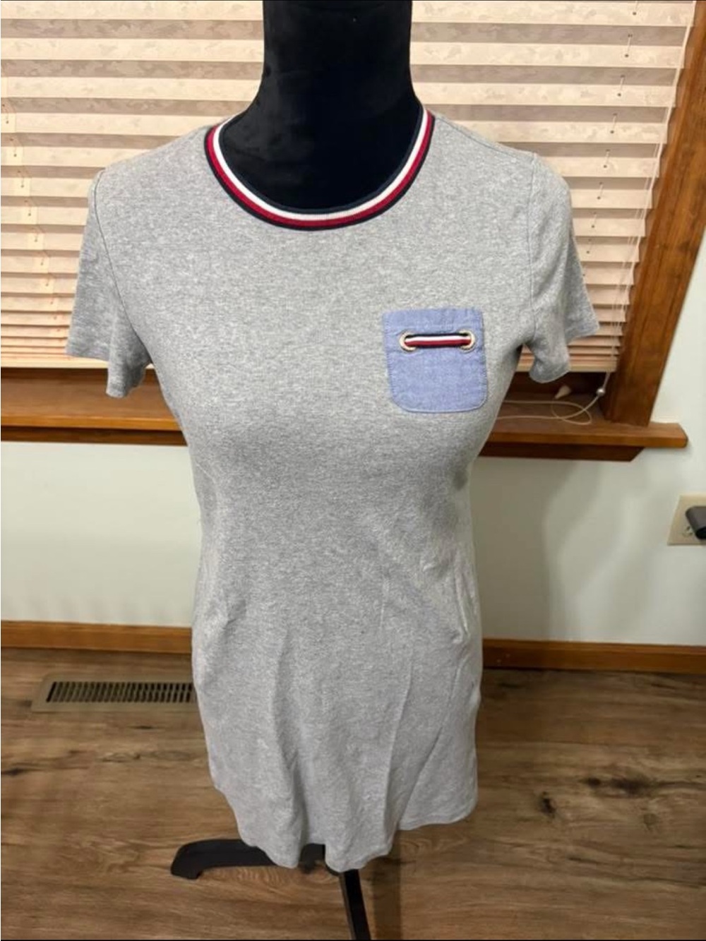 Tommy Hilfiger Casual Grey Tee Dress with Contrast Pocket and Striped Neck